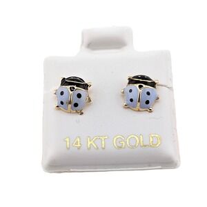 14K Solid Gold Lilac‎ Ladybug Stud Earrings Petite Enamel Animal Jewelry